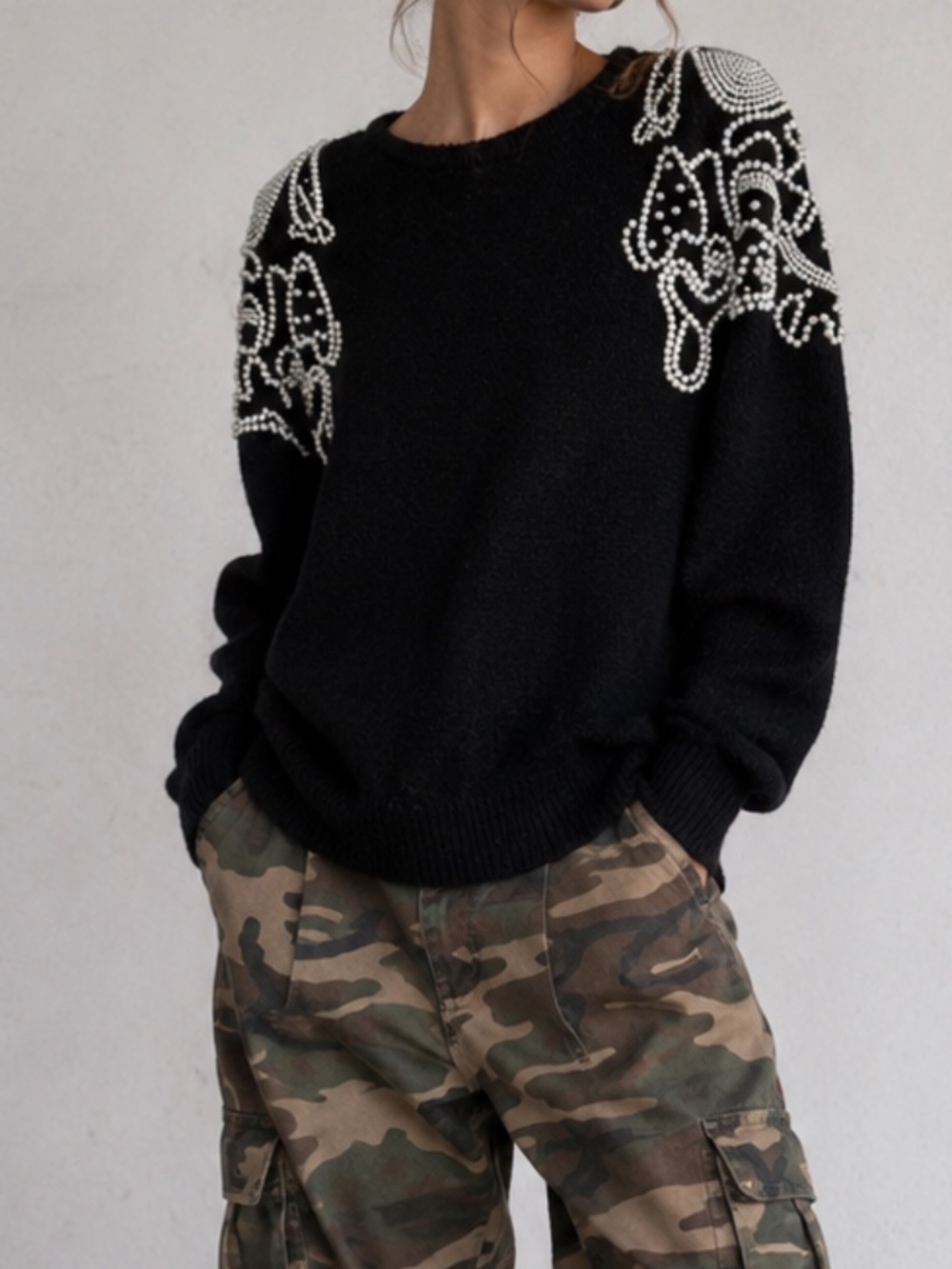 Work In Progress Womens Medium Vintage Sweater Black Silk Angora Pearl Beads LS